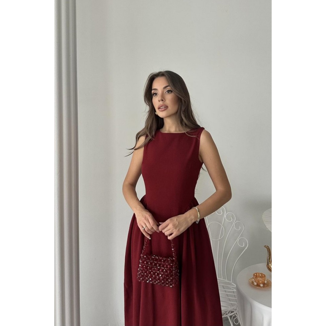 Bordo Yanları Büzgülü Midi Boy Keten Elbise - 161954 Bordo Yanları Büzgülü Midi Boy Keten Elbise - 161954
