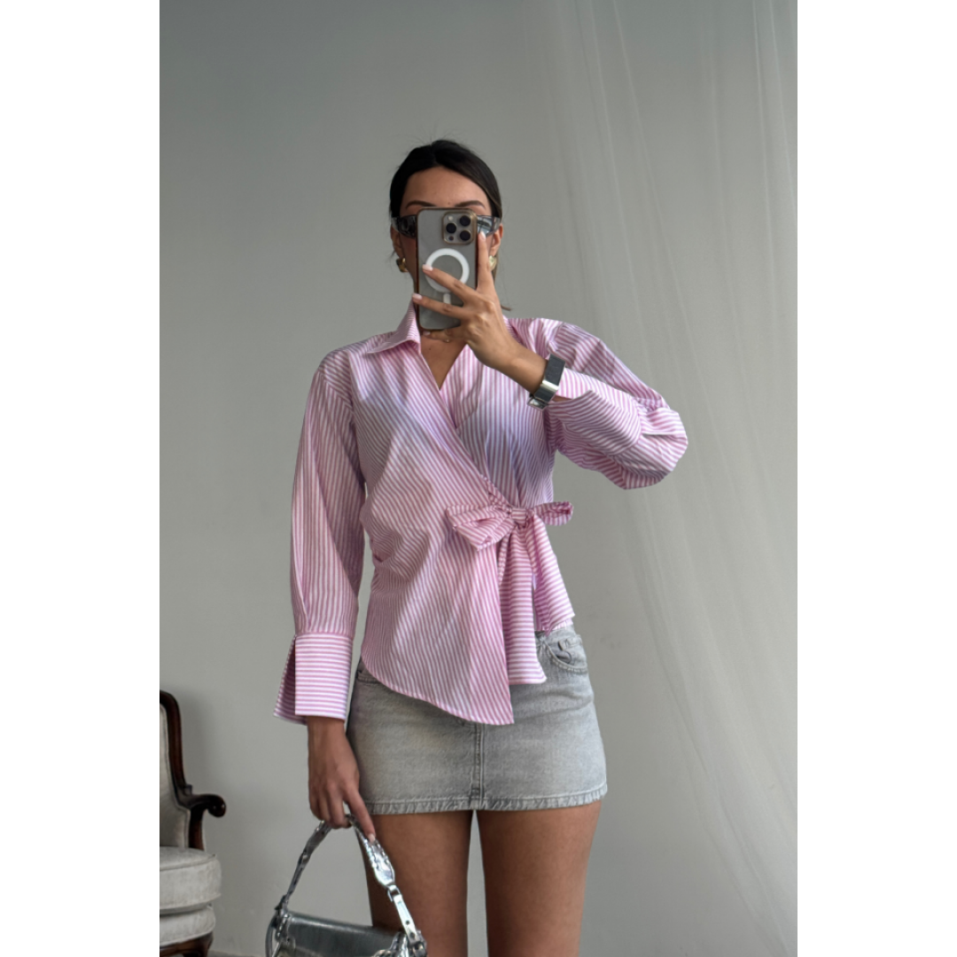 ÇİZGİLİ POPLİN KRUVAZE BAĞLAMALI GÖMLEK - Pembe 159504 ÇİZGİLİ POPLİN KRUVAZE BAĞLAMALI GÖMLEK - Pembe 159504