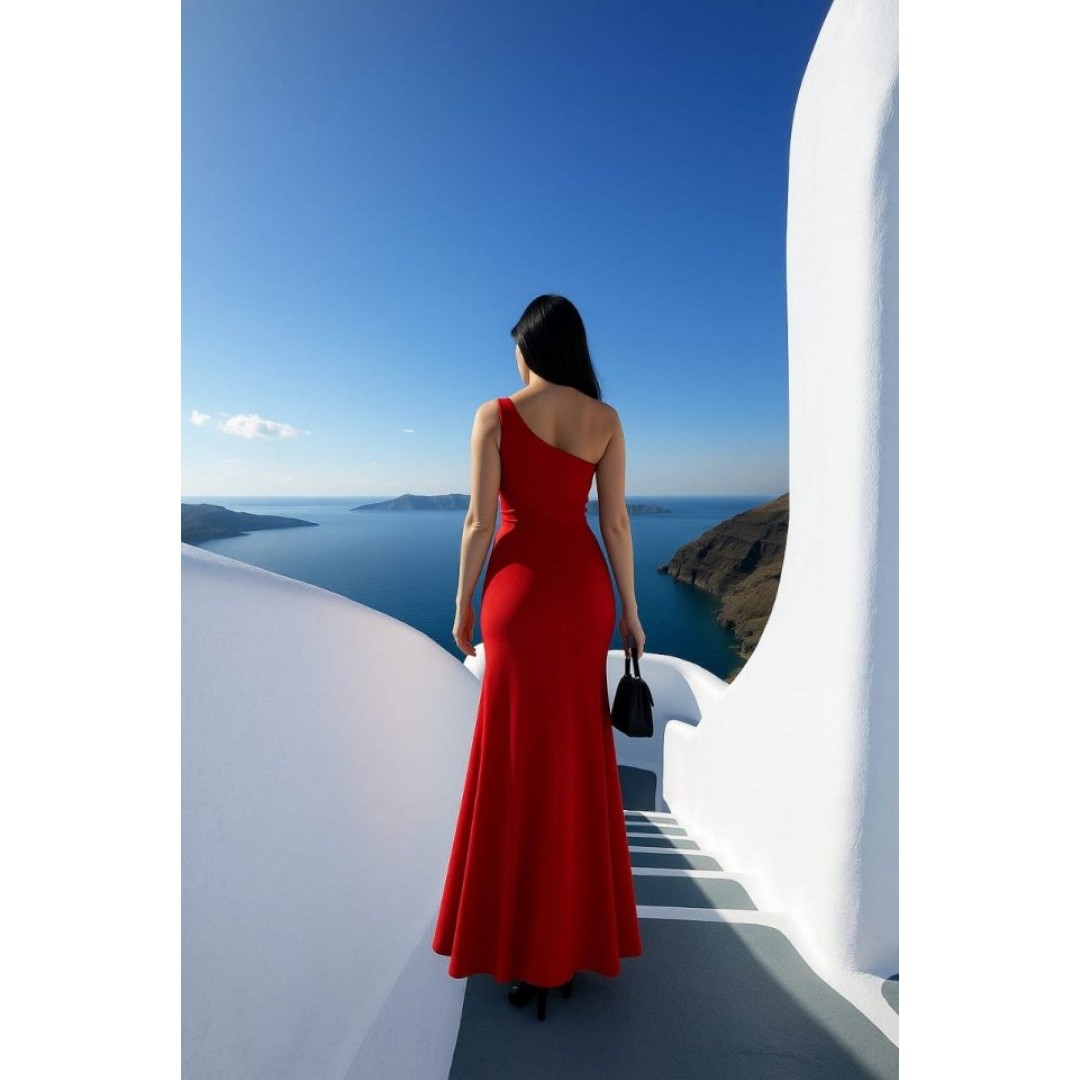 Kadın Dalgıç Kumaş Tek Omuz Askılı Yırtmaç Detaylı Maxi Boy Elbise - 159844 Kadın Dalgıç Kumaş Tek Omuz Askılı Yırtmaç Detaylı Maxi Boy Elbise - 159844