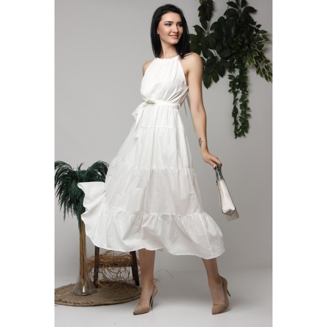 Ekru Halter Yakalı Kuşaklı Elbise - 149040