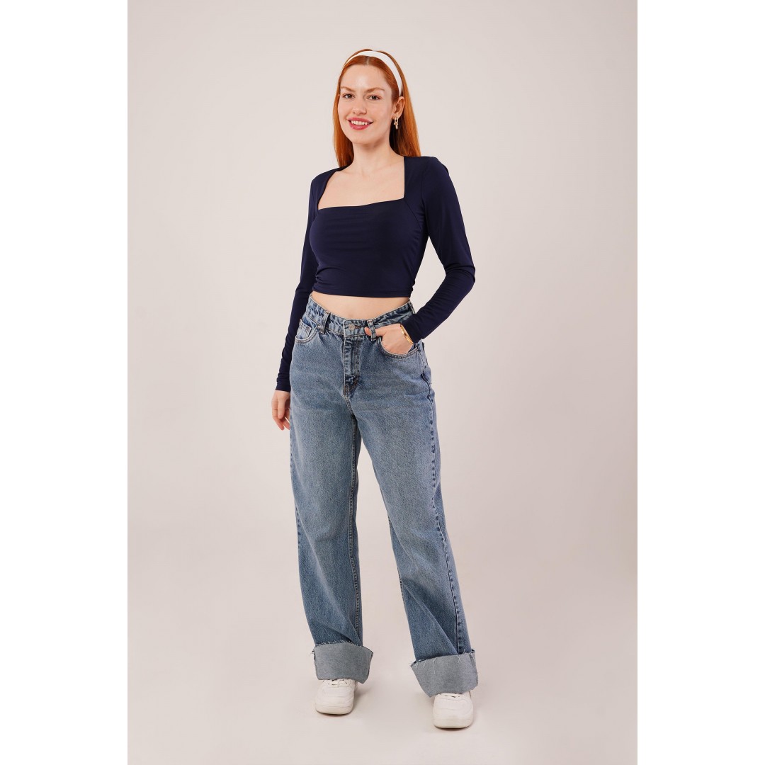Kare Yaka Basic Lacivert Bluz - 147547 Kare Yaka Basic Lacivert Bluz - 147547