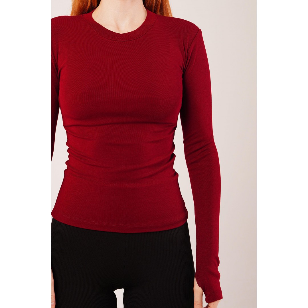 Uzun Kollu Basic Bordo Bluz 147405