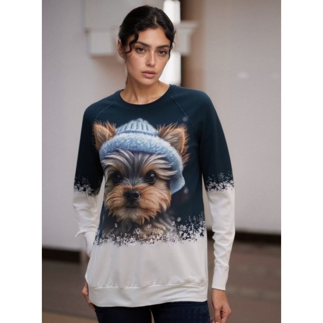 Kadın Uzun Kollu Bisiklet Yaka Köpek Baskılı şardonlu Dalgıç Bluz - 153725 Kadın Uzun Kollu Bisiklet Yaka Köpek Baskılı şardonlu Dalgıç Bluz - 153725