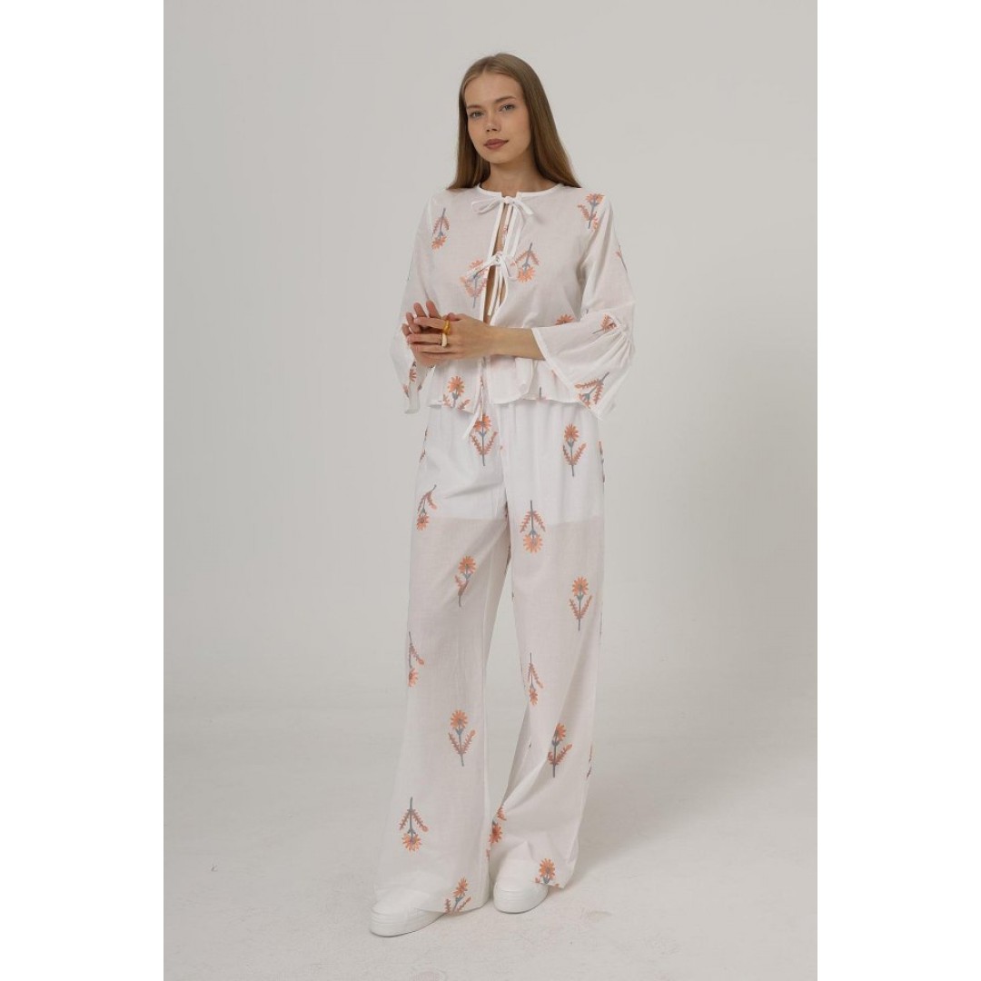 İşlemeli Oversize Pantolon - Beyaz