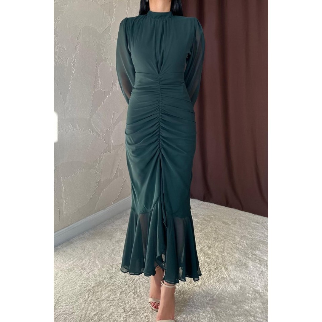 Zümrüt Önü Büzgülü Şifon Elbise 152309