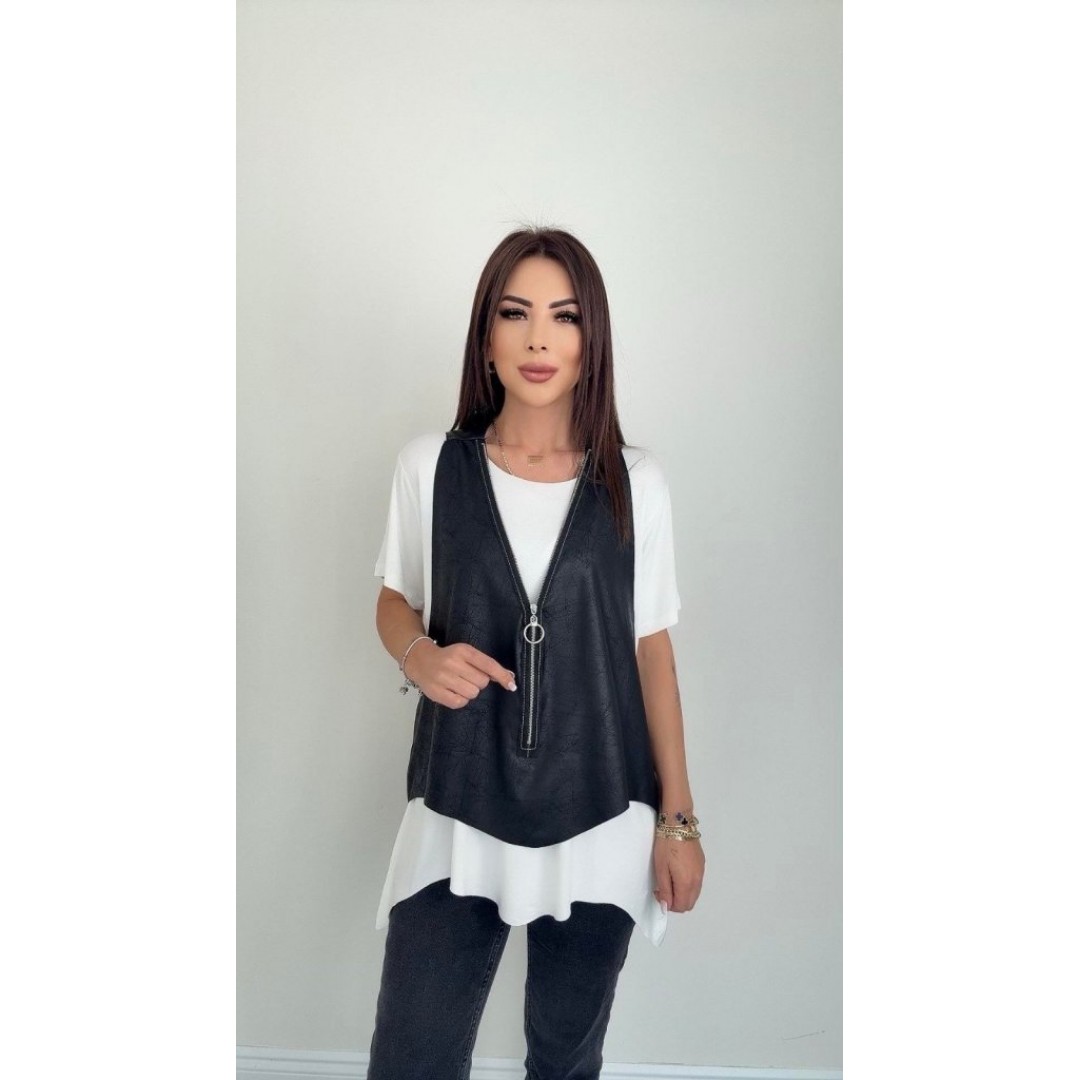 Kadın Kısa Kollu Yuvarlak Yaka Viskon Bluz + Kolsuz Fermuarlı çatlak Deri Yelek 163415 Kadın Kısa Kollu Yuvarlak Yaka Viskon Bluz + Kolsuz Fermuarlı çatlak Deri Yelek 163415
