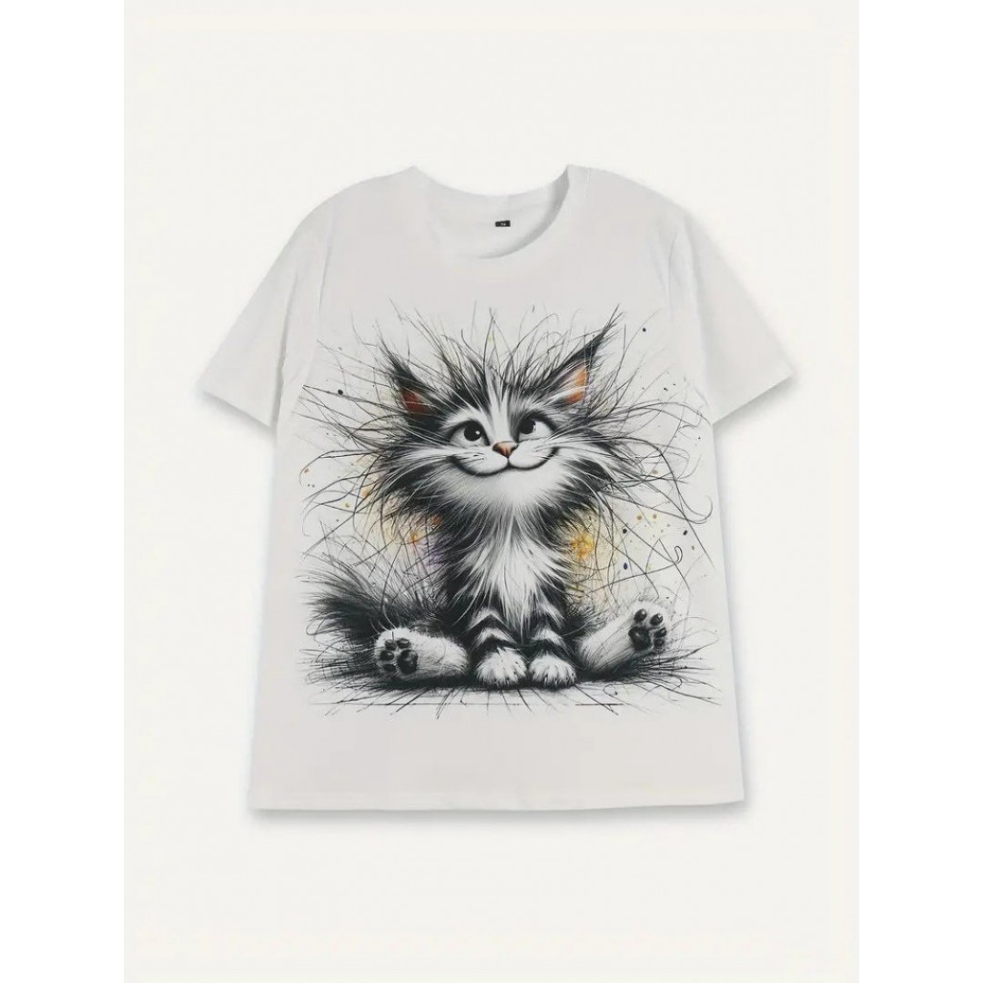 Kadın Kısa Kollu Bisiklet Yaka Kedi Baskılı Süprem Bluz 163502 Kadın Kısa Kollu Bisiklet Yaka Kedi Baskılı Süprem Bluz 163502