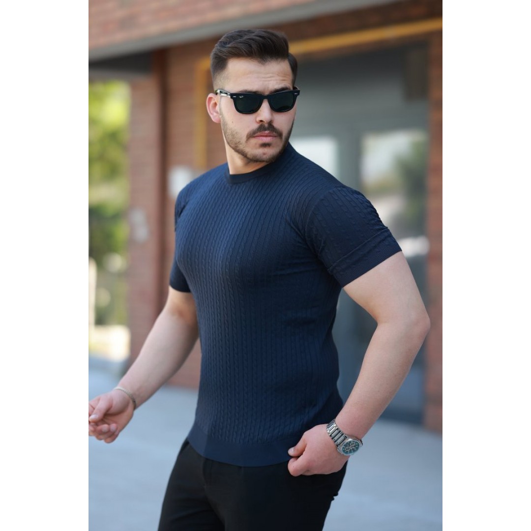 Erkek Bisiklet Yaka örgü Desenli Kısa örme Triko Kısa Kollu T-shirt 161502 Erkek Bisiklet Yaka örgü Desenli Kısa örme Triko Kısa Kollu T-shirt 161502