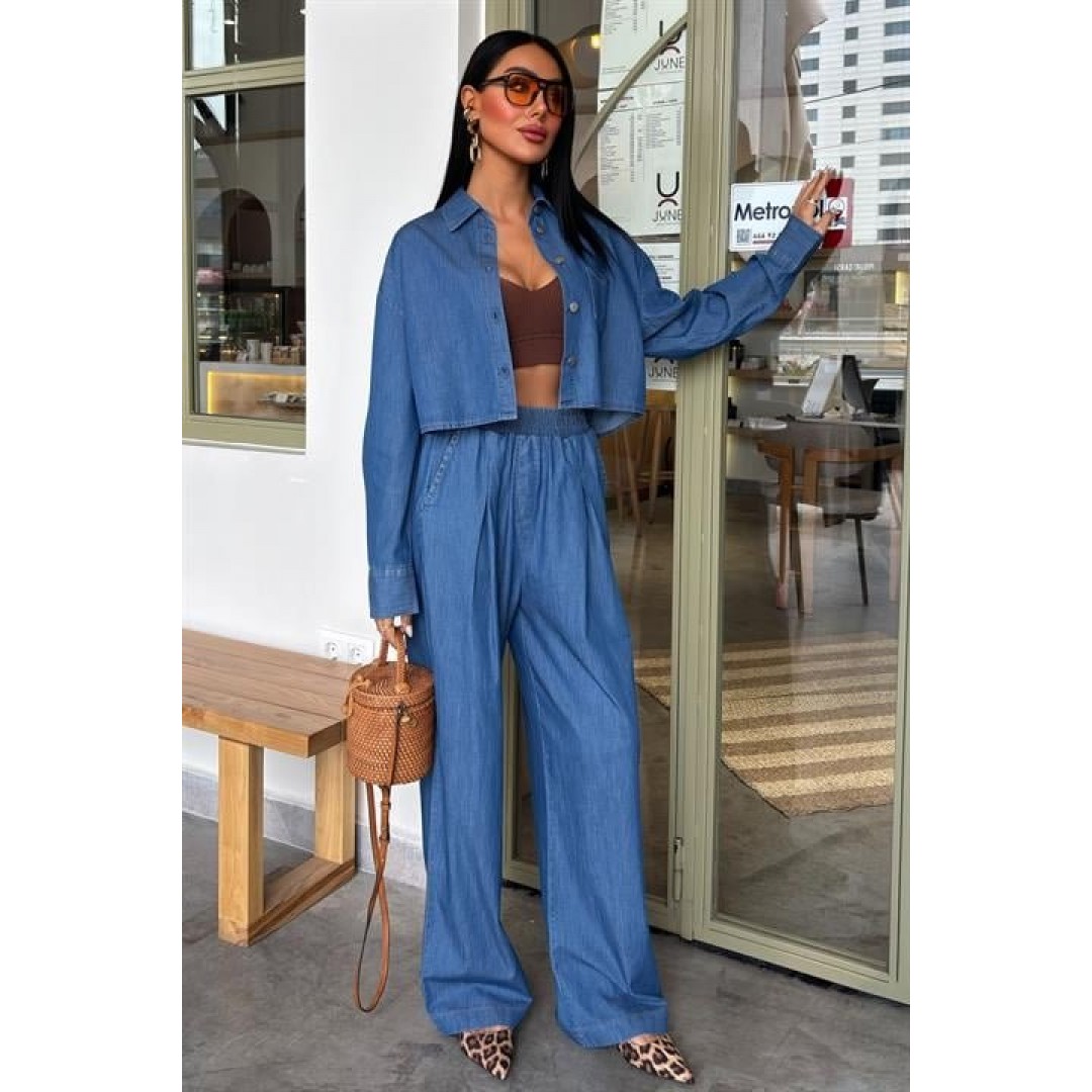 Denim Gömlek Plazzo Pantolon Takım 10163-08 159265 Denim Gömlek Plazzo Pantolon Takım 10163-08 159265
