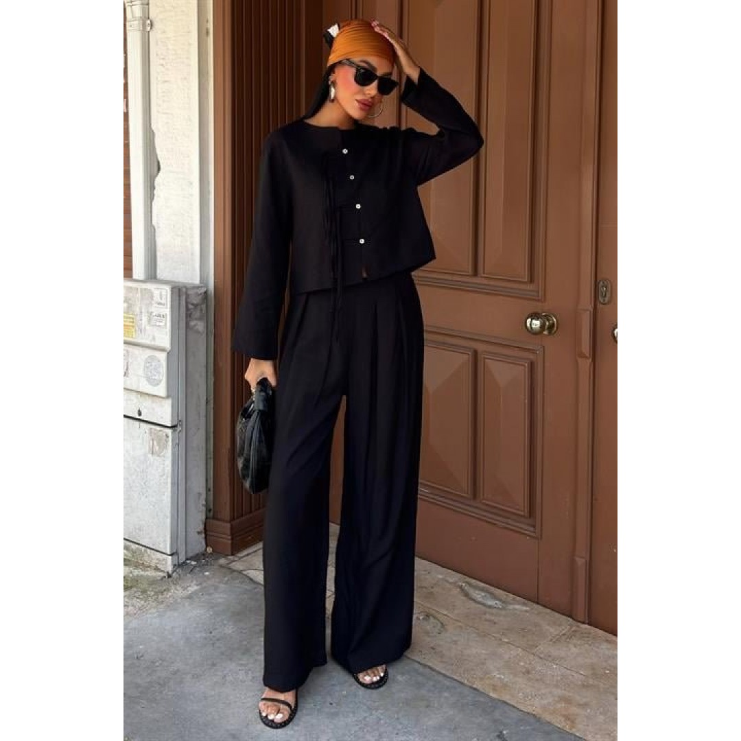 Önü İnce Kordon Detaylı Ve Double Paça Pantolonlu Takım 10180 159420 Önü İnce Kordon Detaylı Ve Double Paça Pantolonlu Takım 10180 159420