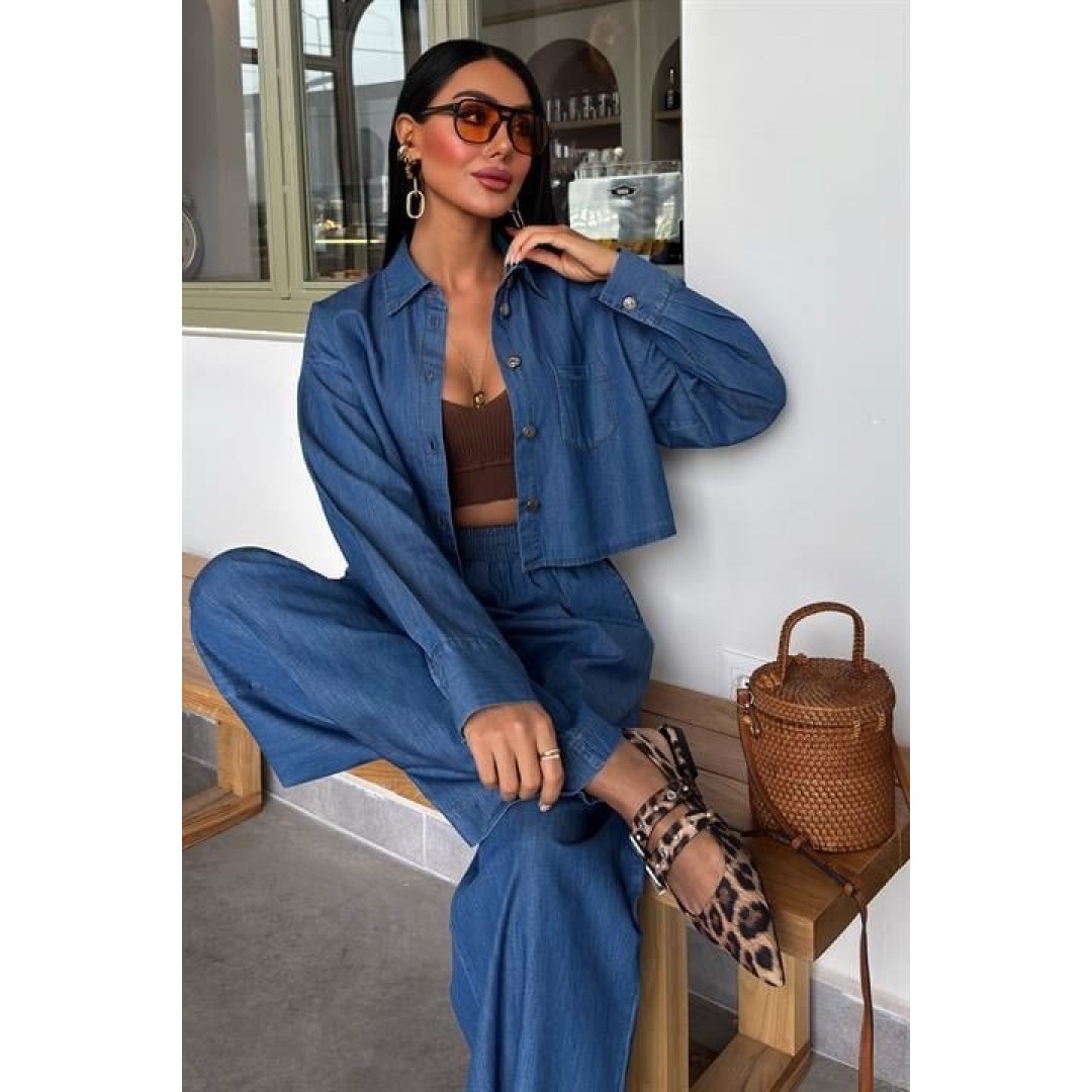 Denim Gömlek Plazzo Pantolon Takım 10163-08 159265 Denim Gömlek Plazzo Pantolon Takım 10163-08 159265