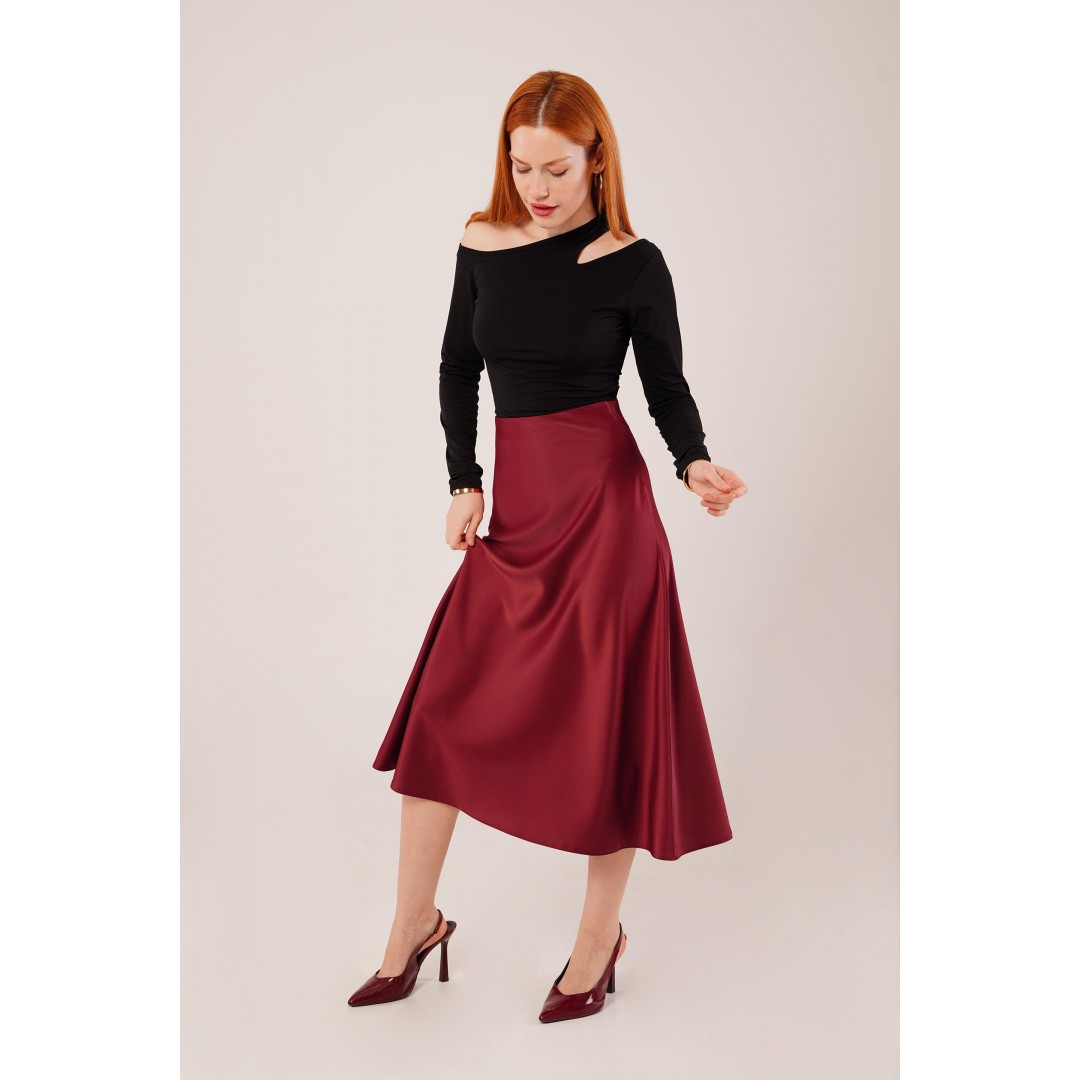 Çan Kesim Midi Bordo Saten Etek 147344 Çan Kesim Midi Bordo Saten Etek 147344