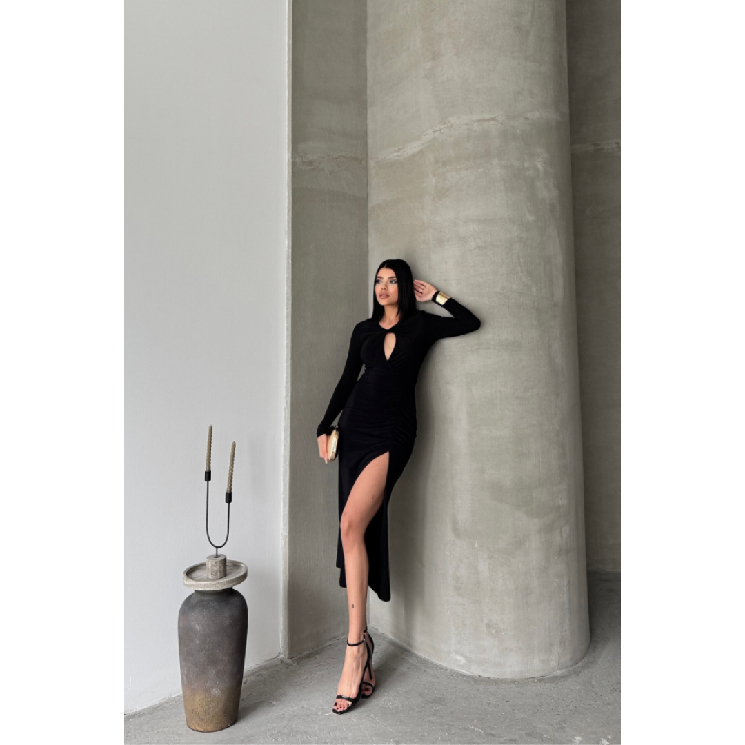SANDY ELBİSE BÜZGÜ DETAYLI - Siyah