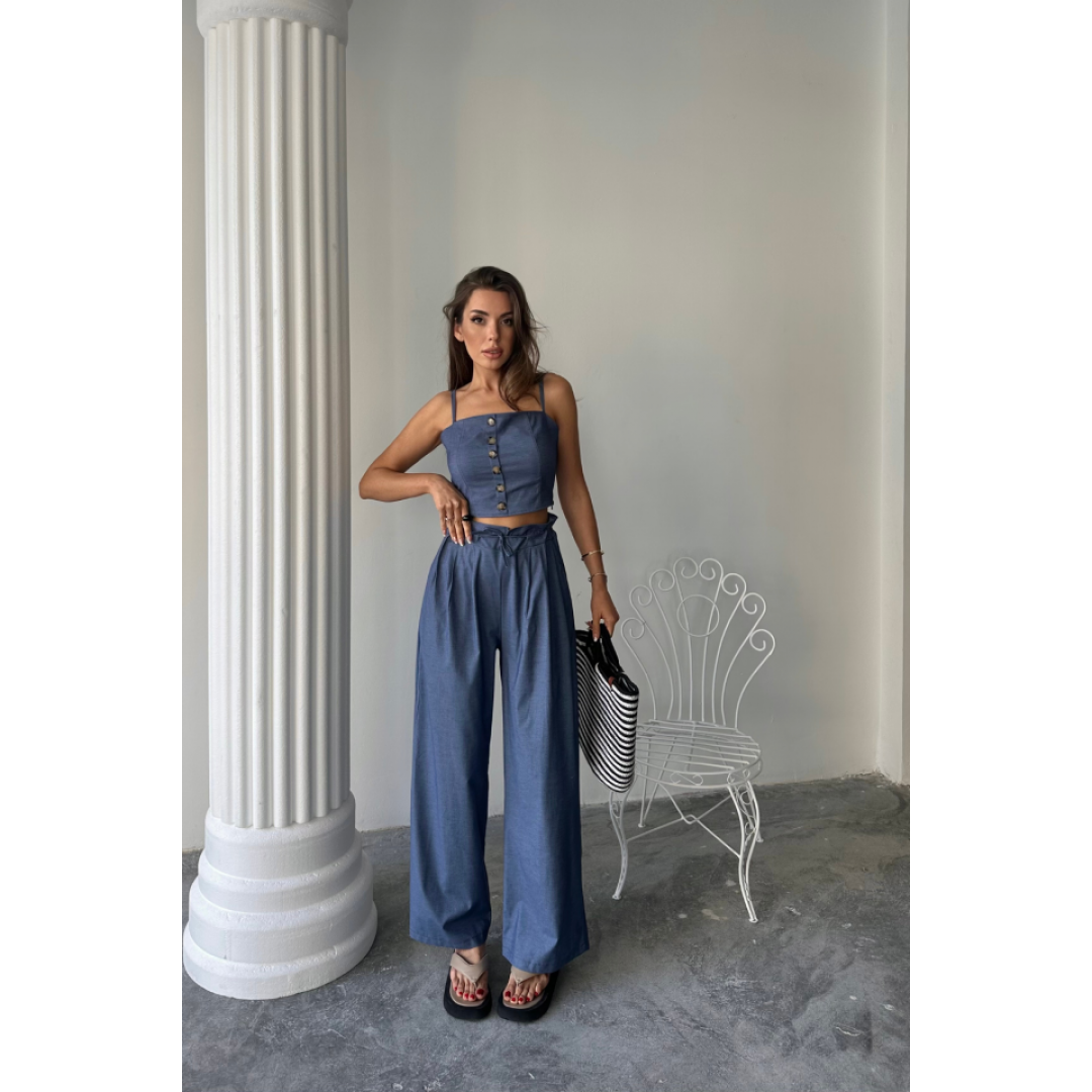 TENCEL CROP ASKILI BLUZ - ŞALVAR PANTOLON TK - İndigo - 161866 TENCEL CROP ASKILI BLUZ - ŞALVAR PANTOLON TK - İndigo - 161866