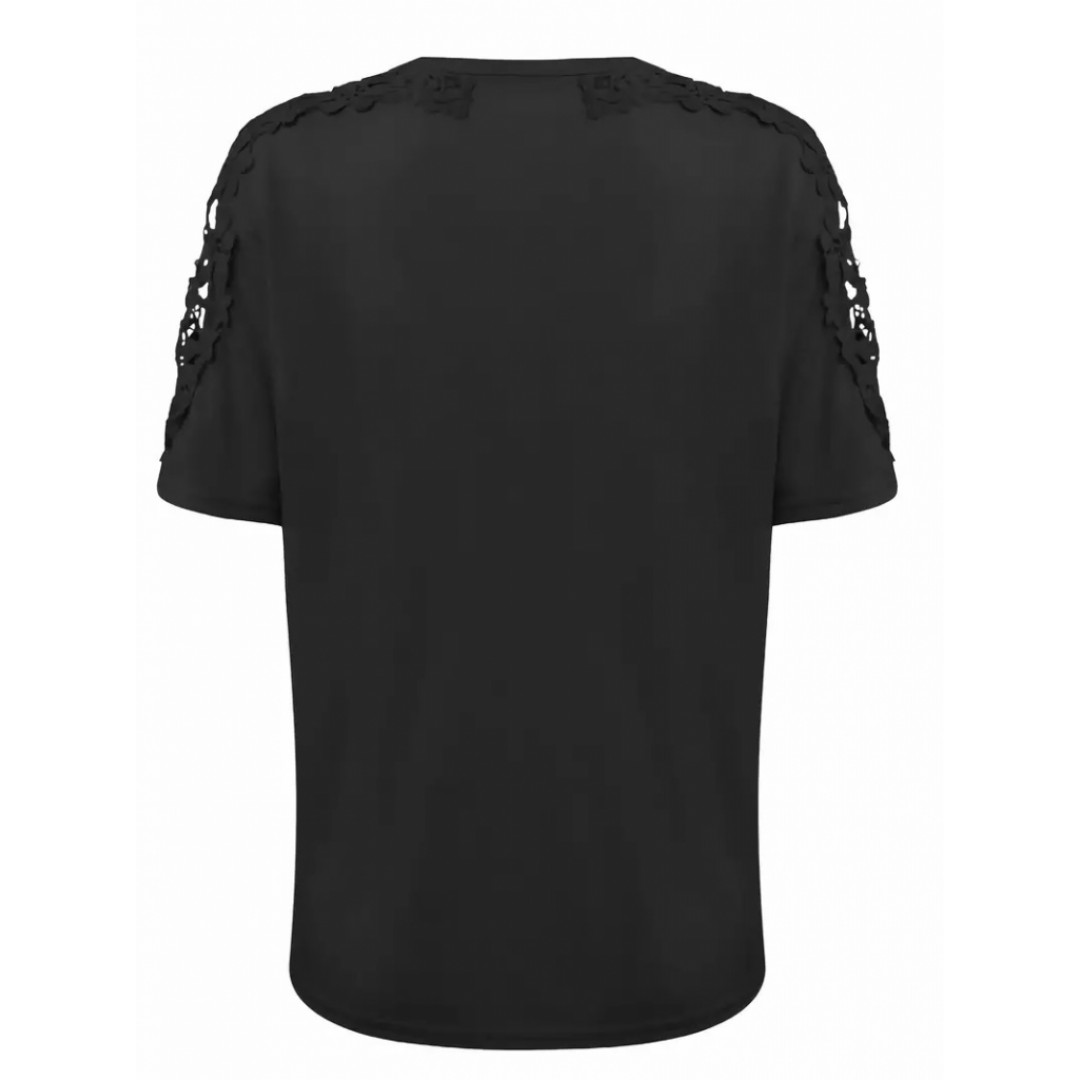 Kadın Kısa Kollu Bisiklet Yaka Kolları çiçekli Güpür Detay Viskon Bluz - 162060 Kadın Kısa Kollu Bisiklet Yaka Kolları çiçekli Güpür Detay Viskon Bluz - 162060