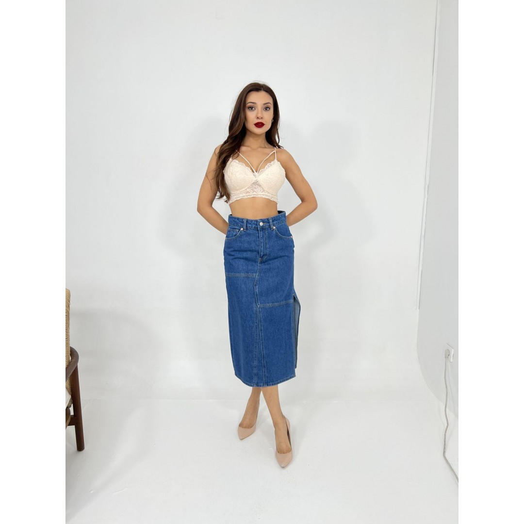 6900 SLIPPED MIDI SKIRT-MAVİ 143321