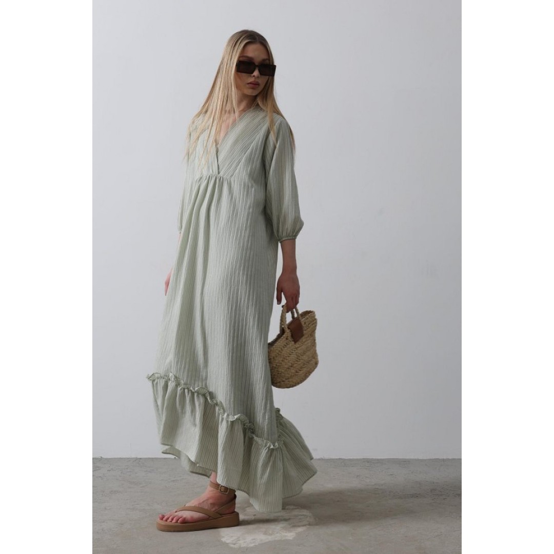 Çizgili Oversize V Yaka Elbise - Haki - 154467 Çizgili Oversize V Yaka Elbise - Haki - 154467