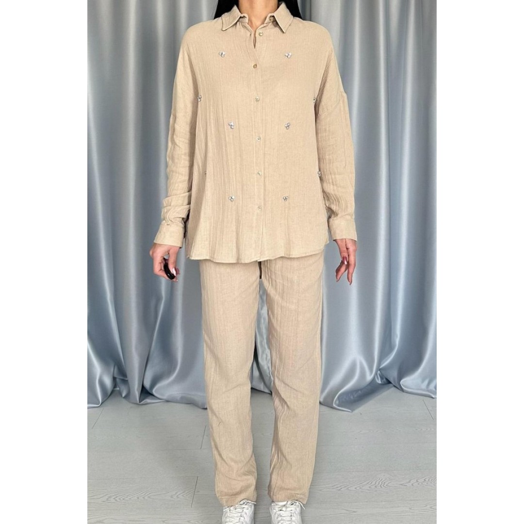 Bej 3 Taş Motifli Gömlek Ve Pantolon Takım - 148363 Bej 3 Taş Motifli Gömlek Ve Pantolon Takım - 148363