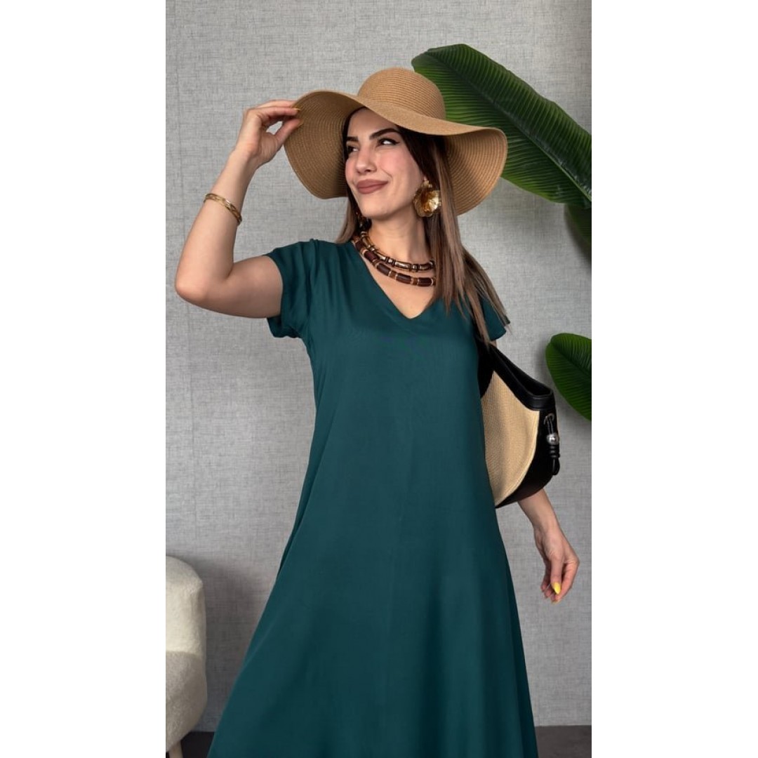 Kadın Kısa Kollu V Yaka Salaş Maxi Boy Elbise - 162484 Kadın Kısa Kollu V Yaka Salaş Maxi Boy Elbise - 162484