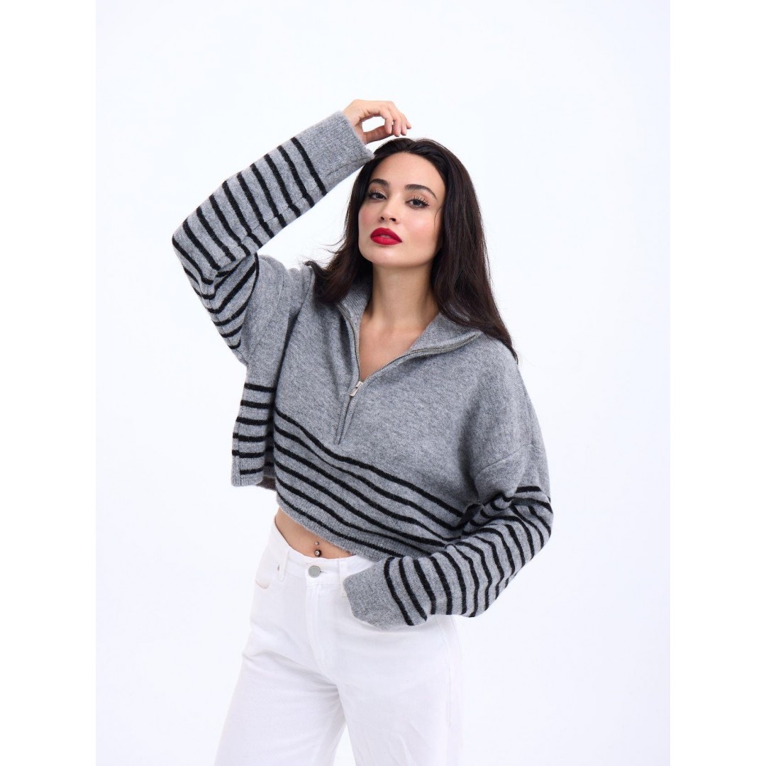 43311 TRİKO ÇİZGİLİ FERMUARLI CROP-GRİ-SİYAH 144101