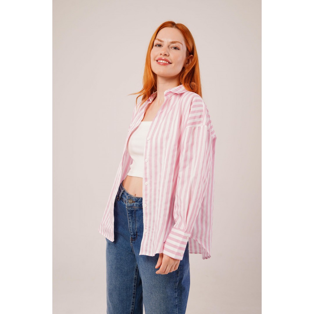 Çizgili Rahat Kesim Pembe Gömlek - 147389 Çizgili Rahat Kesim Pembe Gömlek - 147389