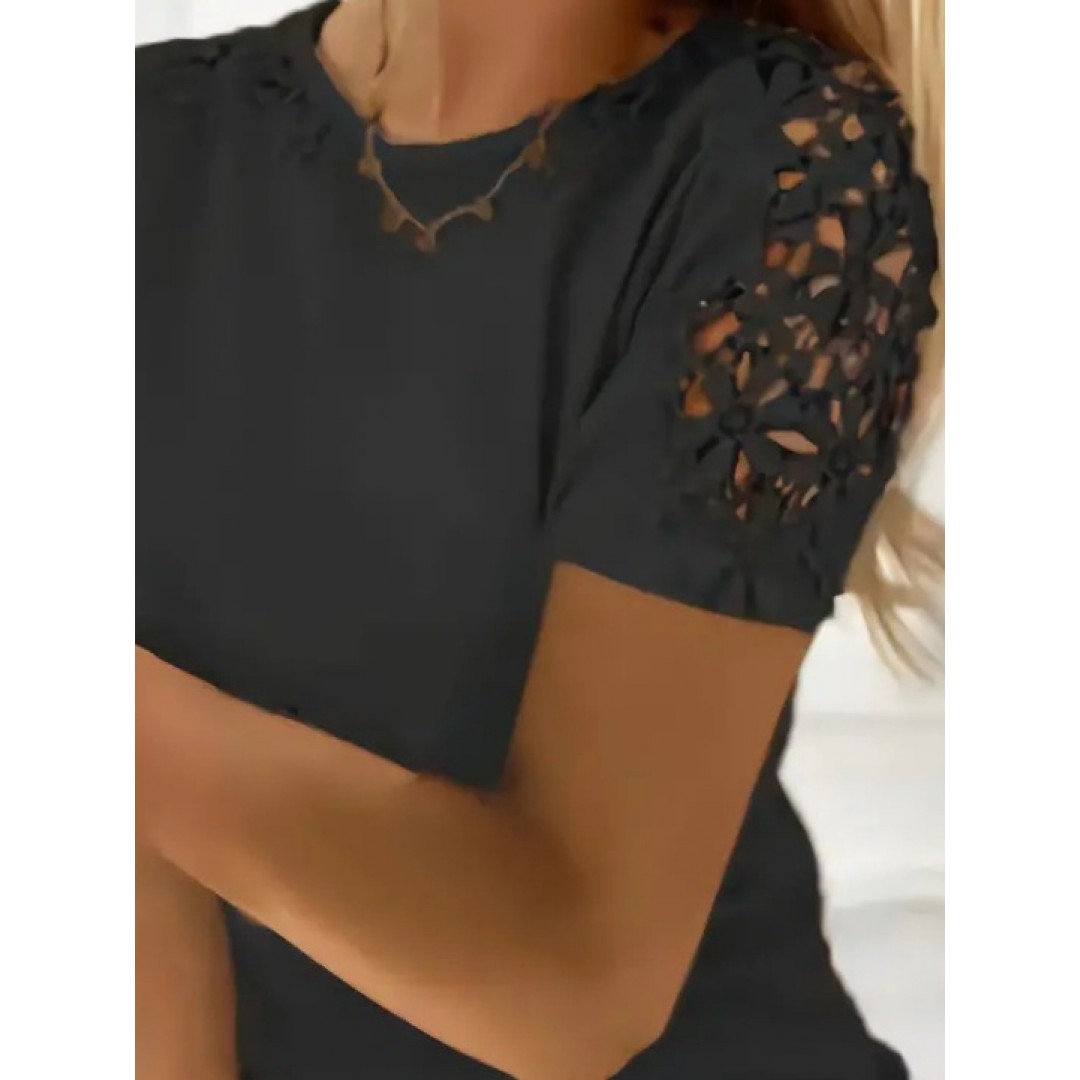 Kadın Kısa Kollu Bisiklet Yaka Kolları çiçekli Güpür Detay Viskon Bluz - 162060 Kadın Kısa Kollu Bisiklet Yaka Kolları çiçekli Güpür Detay Viskon Bluz - 162060
