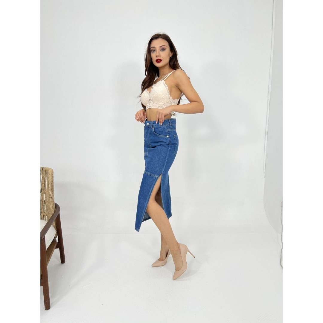 6900 SLIPPED MIDI SKIRT-MAVİ 143321