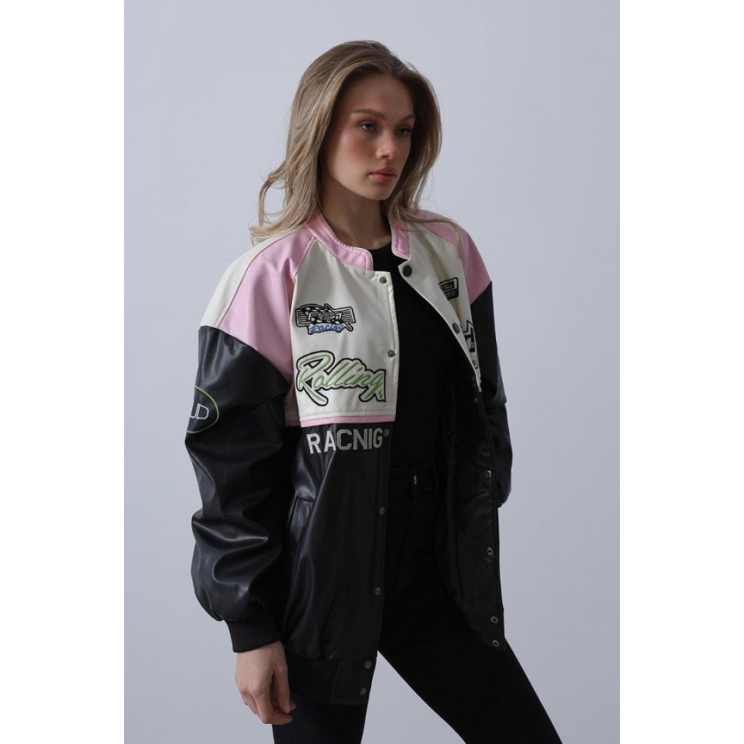 Motorcu Biker Ceket - Siyah-Pembe-Ekru 151403 Motorcu Biker Ceket - Siyah-Pembe-Ekru 151403