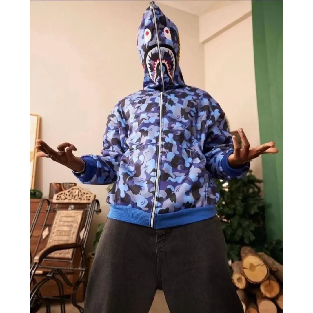 Erkek 2 İplik Bape Kapüşonu Fermuarlı Hırka - Mavi - 92614 Erkek 2 İplik Bape Kapüşonu Fermuarlı Hırka - Mavi - 92614