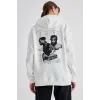 Kapüşonlu Sırt Baskılı Üç İplik Oversize Sweatshirt - Beyaz - 92644