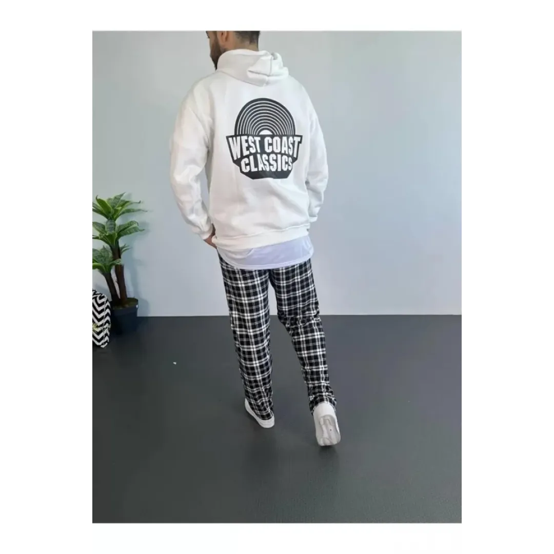 Erkek Baskılı Üç İplik Kapüşonlu Oversize Sweatshirt - Beyaz - 92646 Erkek Baskılı Üç İplik Kapüşonlu Oversize Sweatshirt - Beyaz - 92646