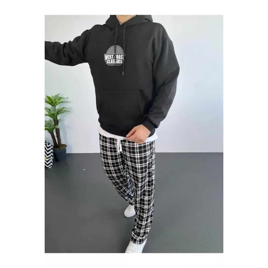 Erkek Sırt Baskılı Kapüşonlu Üç İplik Oversize Sweatshirt - Siyah - 92648 Erkek Sırt Baskılı Kapüşonlu Üç İplik Oversize Sweatshirt - Siyah - 92648
