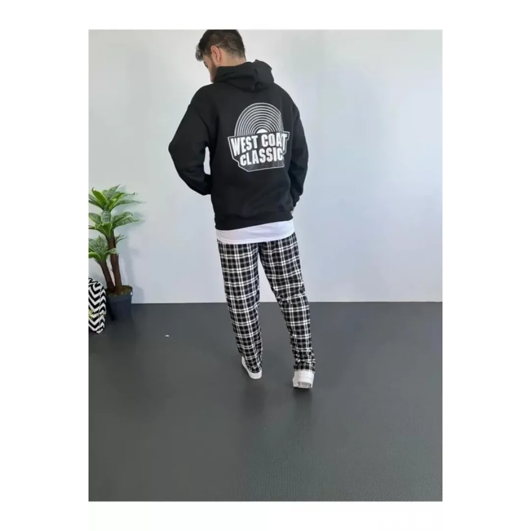 Erkek Sırt Baskılı Kapüşonlu Üç İplik Oversize Sweatshirt - Siyah - 92648 Erkek Sırt Baskılı Kapüşonlu Üç İplik Oversize Sweatshirt - Siyah - 92648