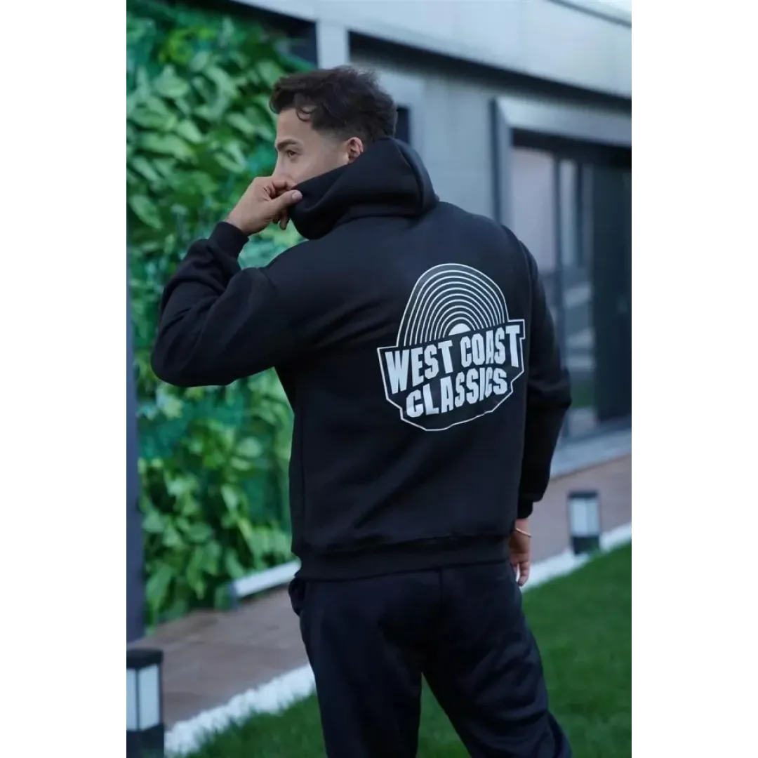 Erkek Sırt Baskılı Kapüşonlu Üç İplik Oversize Sweatshirt - Siyah - 92648 Erkek Sırt Baskılı Kapüşonlu Üç İplik Oversize Sweatshirt - Siyah - 92648