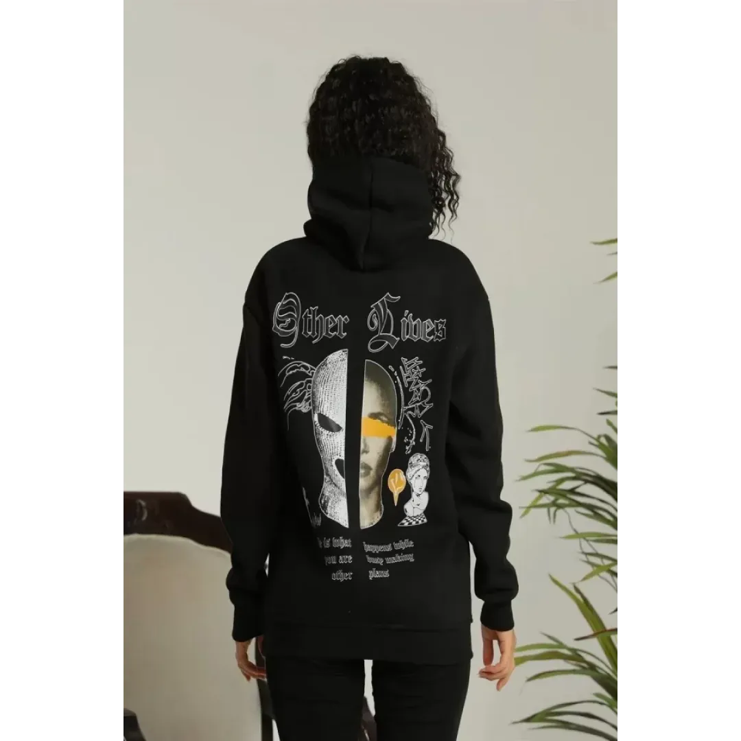 Sırt Baskılı Oversize Üç İplik Kapüşonlu Sweatshirt - Siyah - 92650 Sırt Baskılı Oversize Üç İplik Kapüşonlu Sweatshirt - Siyah - 92650