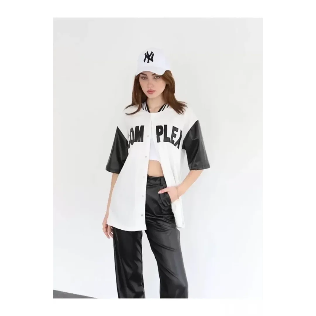 Complex Kolları Deri Kolej Oversize T-shirt - Beyaz - 92661 Complex Kolları Deri Kolej Oversize T-shirt - Beyaz - 92661