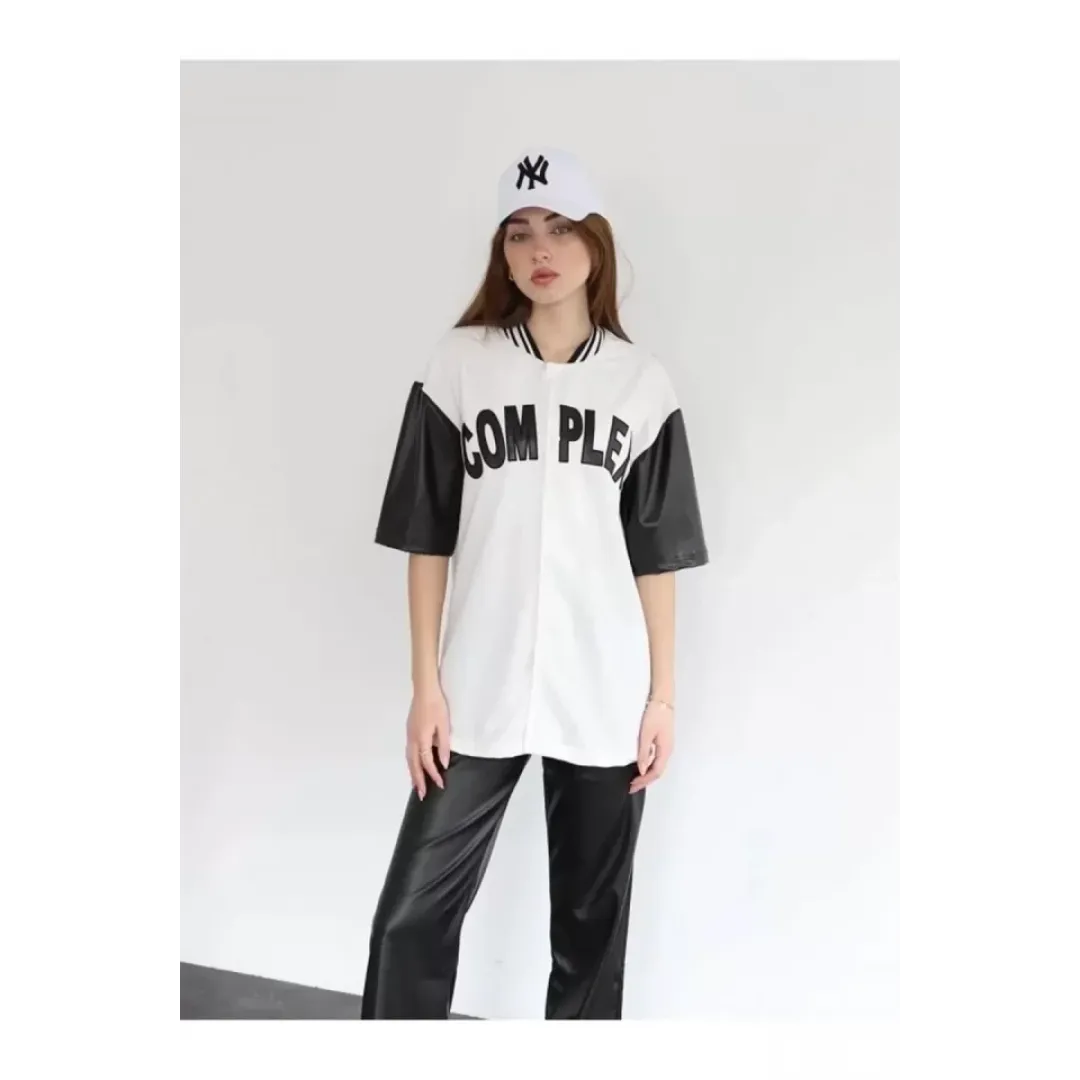Complex Kolları Deri Kolej Oversize T-shirt - Beyaz - 92661 Complex Kolları Deri Kolej Oversize T-shirt - Beyaz - 92661