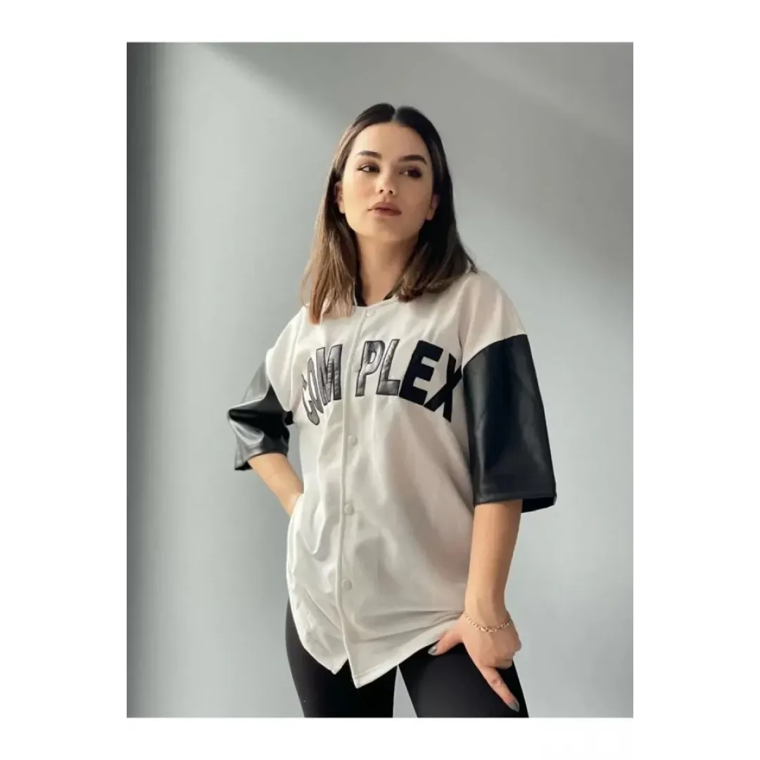 Complex Kolları Deri Kolej Oversize T-shirt - Beyaz - 92661 Complex Kolları Deri Kolej Oversize T-shirt - Beyaz - 92661
