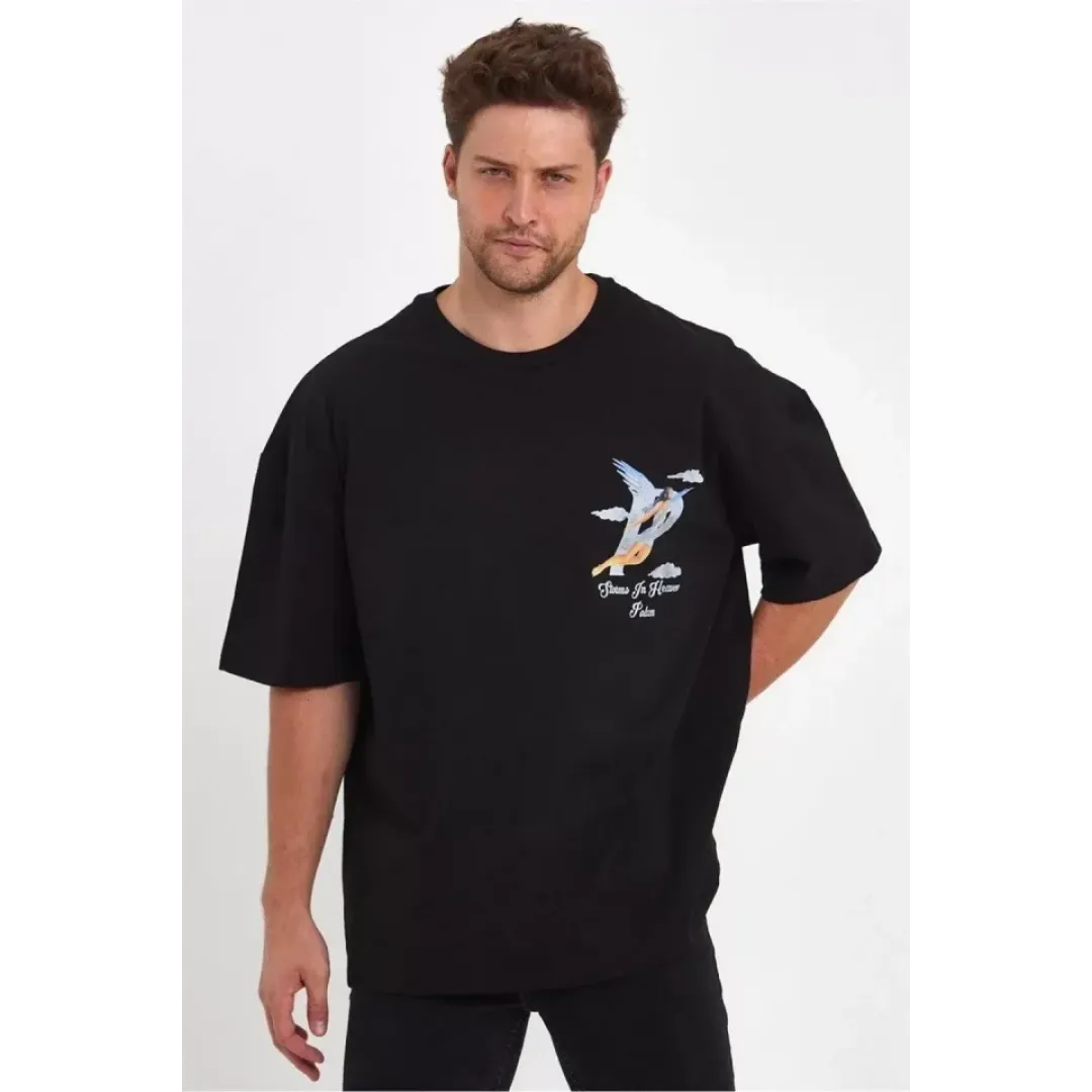 Erkek Melek Baskılı Oversize T-shirt - Siyah - 92664 Erkek Melek Baskılı Oversize T-shirt - Siyah - 92664