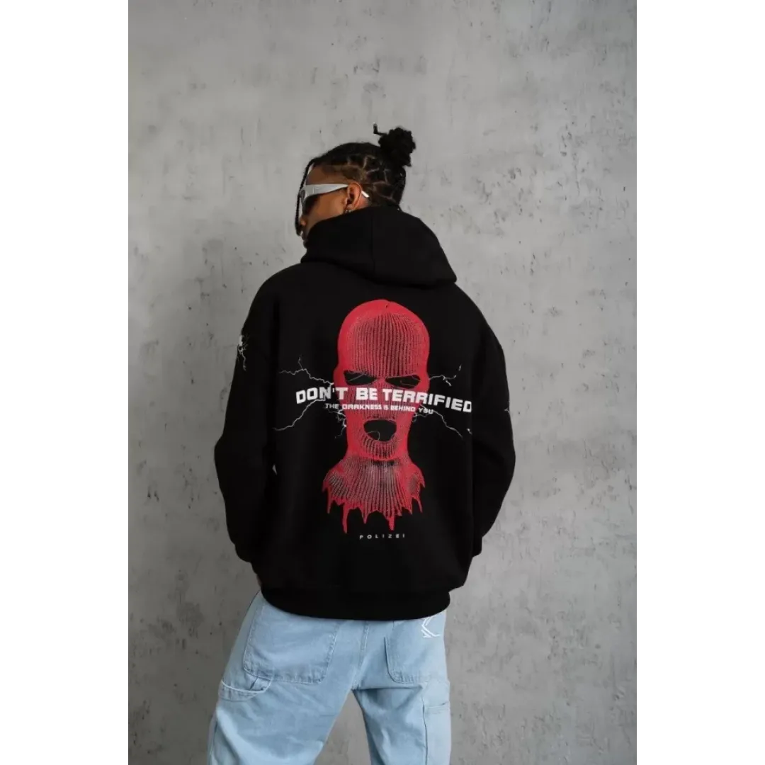 Erkek Maske Baskılı Kapüşonlu Sweat - Siyah - 92683