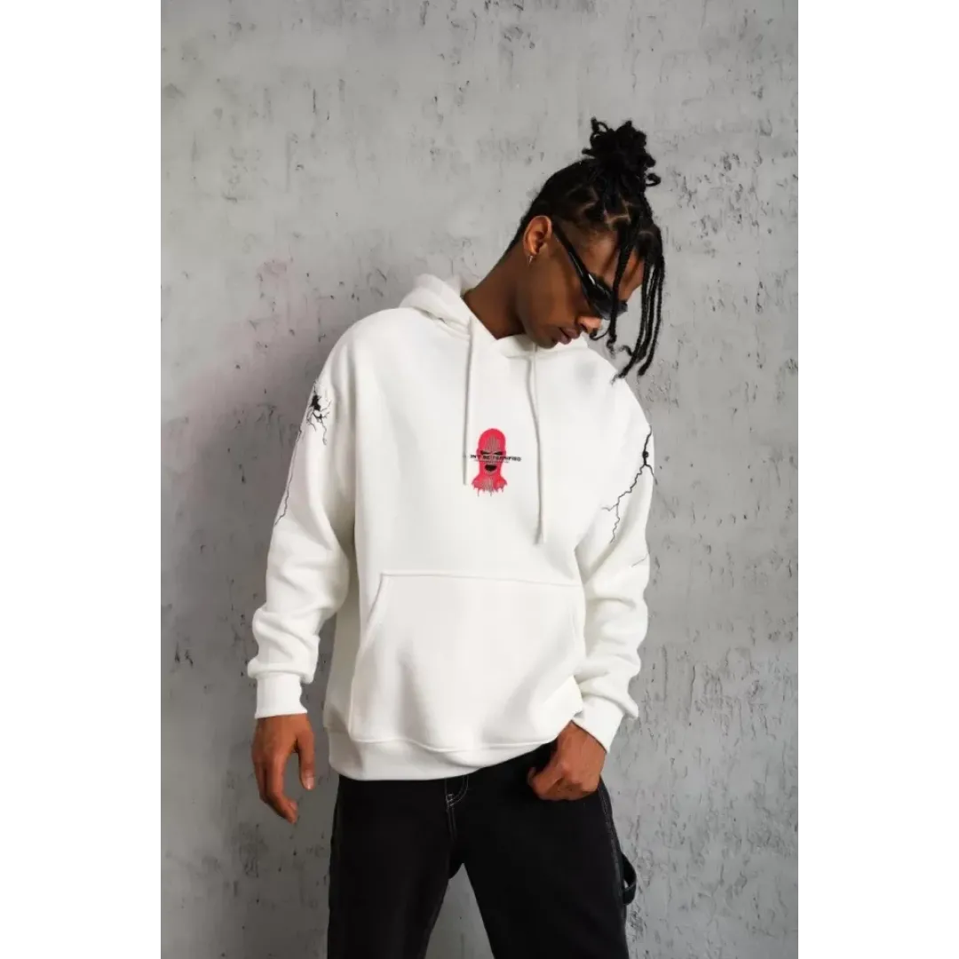 Erkek Maske Baskılı Kapüşonlu Sweat - Beyaz - 92684