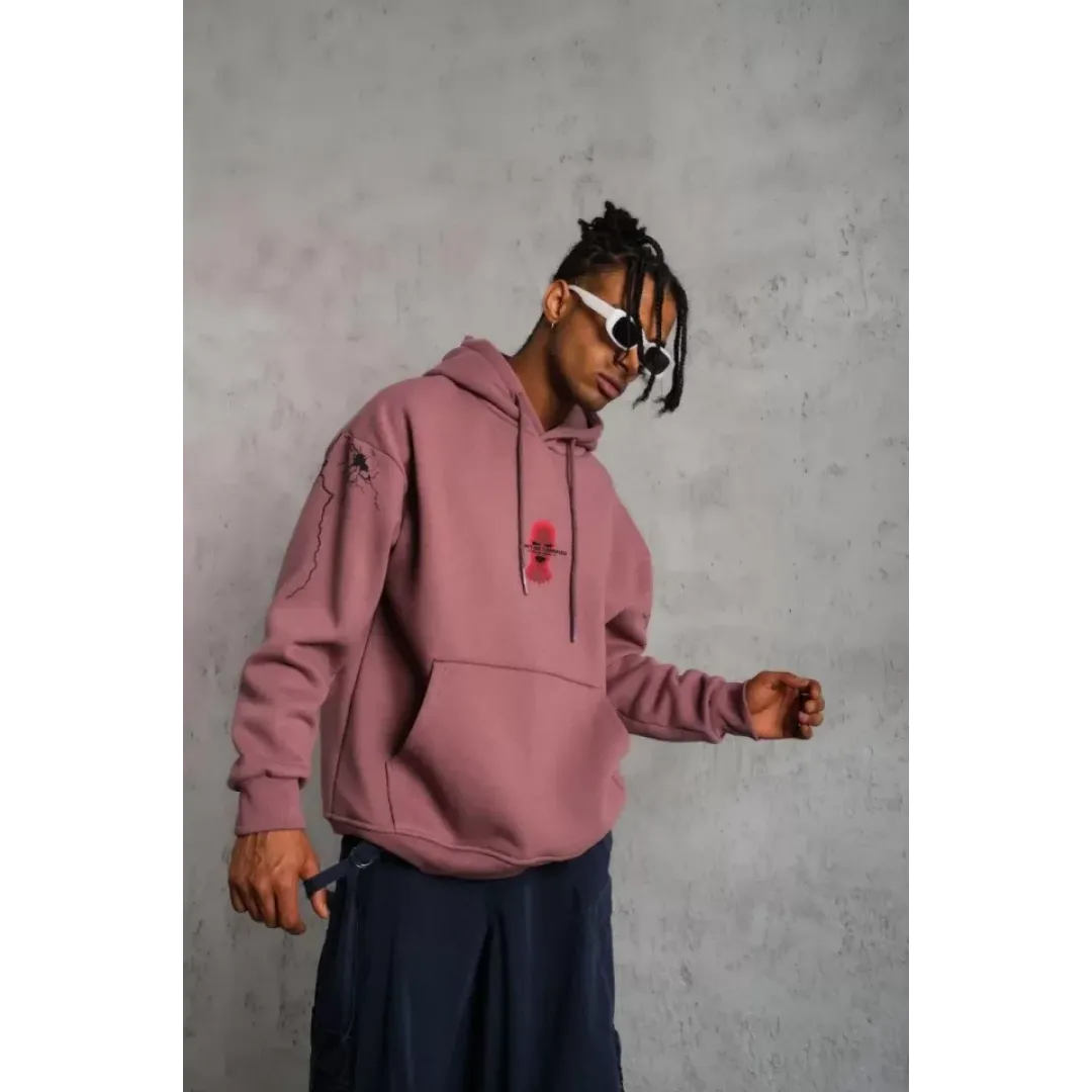 Erkek Maske Baskılı Kapüşonlu Sweat - Gül Kurusu - 92685 Erkek Maske Baskılı Kapüşonlu Sweat - Gül Kurusu - 92685