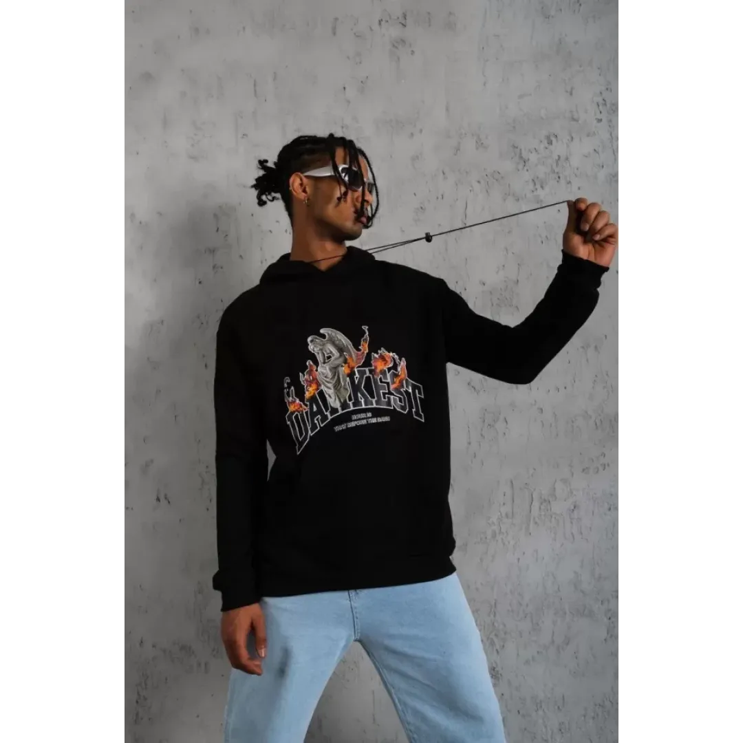Erkek DANKES Baskılı Kapüşonlu Sweat - Siyah - 92686 Erkek DANKES Baskılı Kapüşonlu Sweat - Siyah - 92686