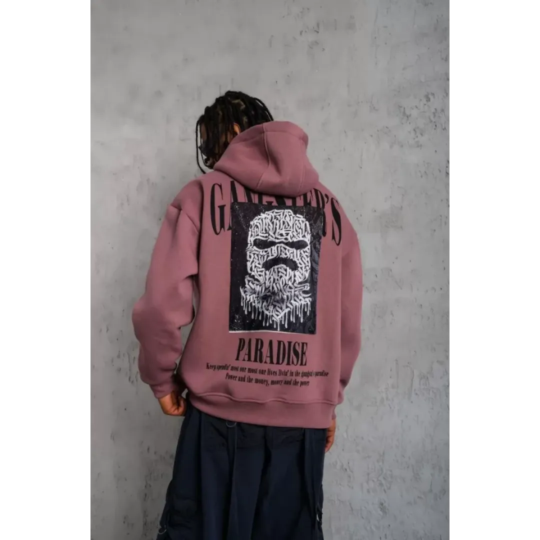 Erkek Paradise Baskılı Kapüşonlu Sweat - Gül Kurusu - 92702