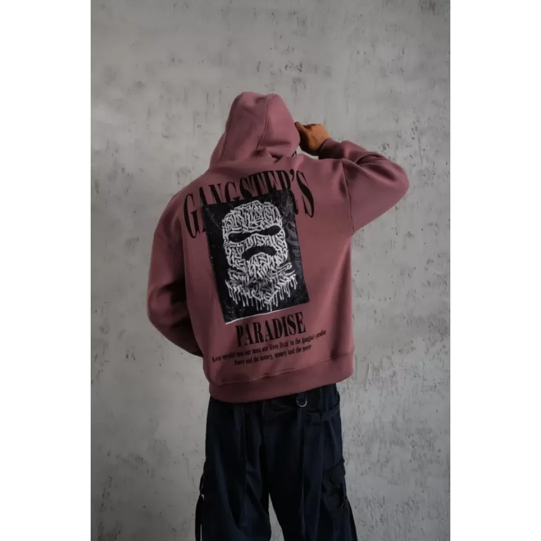 Erkek Paradise Baskılı Kapüşonlu Sweat - Gül Kurusu - 92702