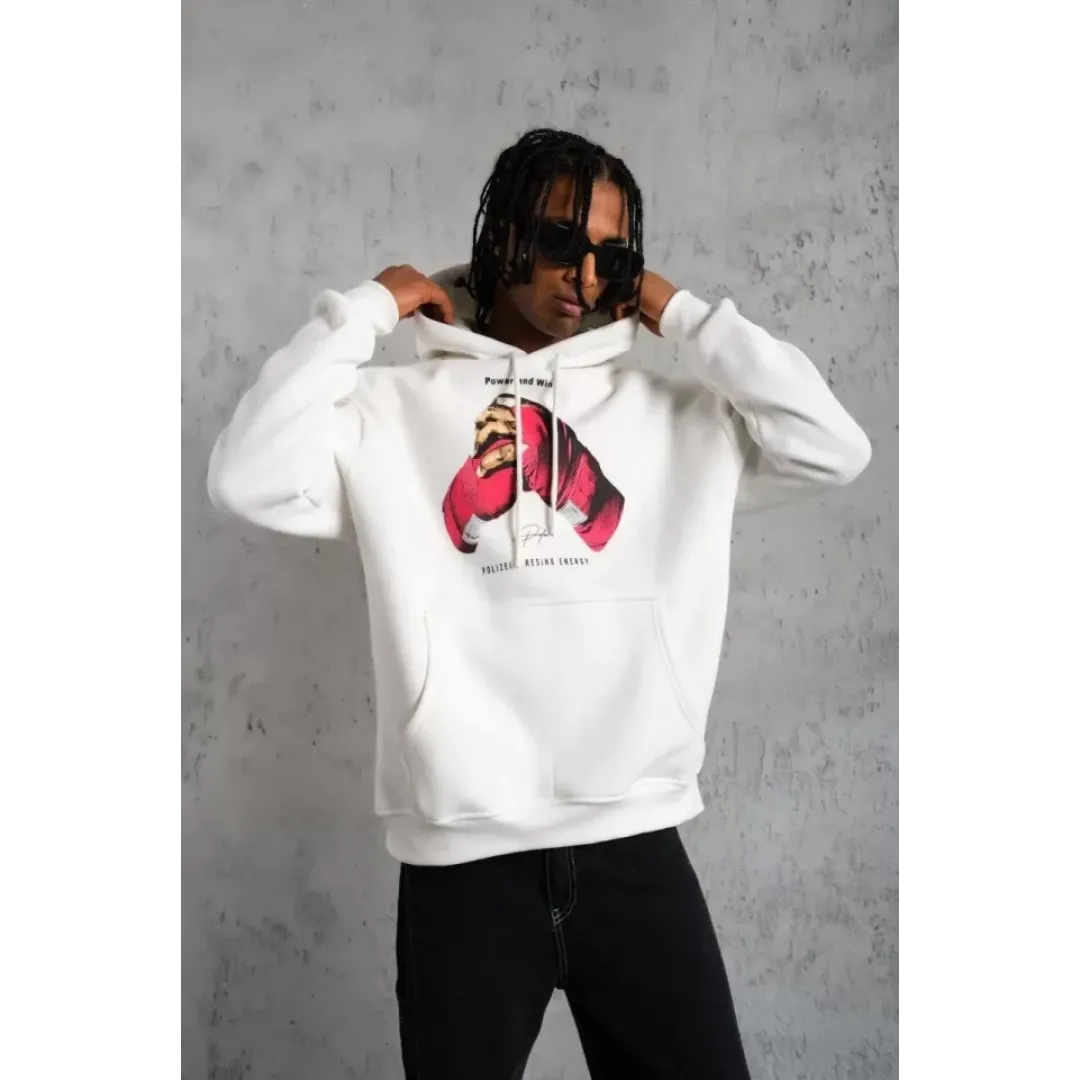 Erkek Eldiven Baskılı Kapüşonlu Sweat - Beyaz - 92704 Erkek Eldiven Baskılı Kapüşonlu Sweat - Beyaz - 92704
