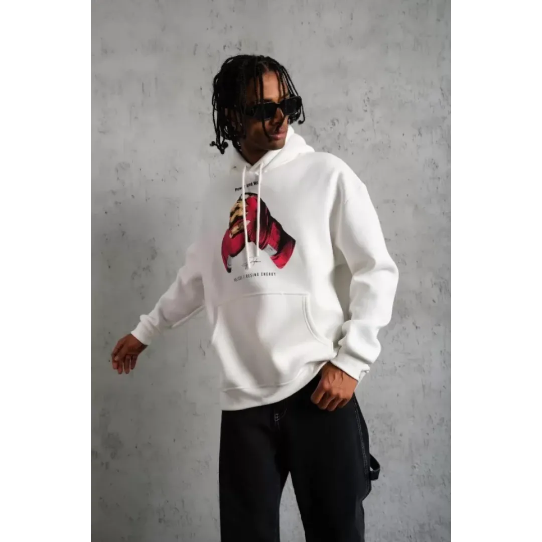 Erkek Eldiven Baskılı Kapüşonlu Sweat - Beyaz - 92704 Erkek Eldiven Baskılı Kapüşonlu Sweat - Beyaz - 92704
