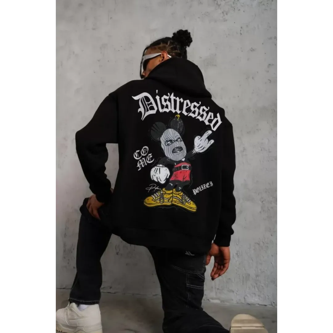 Erkek Üç İplik Baskılı Kapüşonlu Sweat - Siyah - 92706