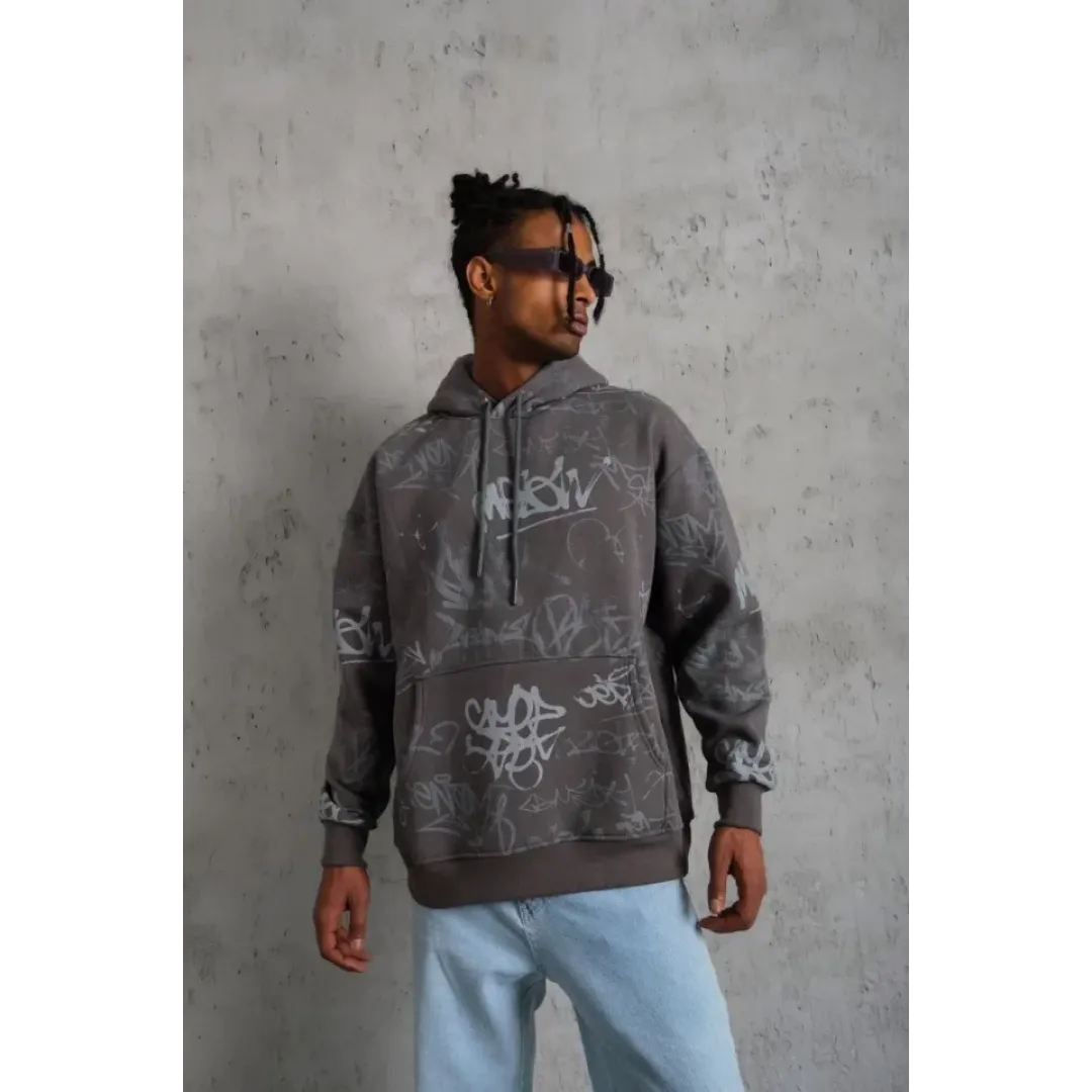 Erkek Baskılı Kapüşonlu Ribanalı Sweat - Gri - 92712
