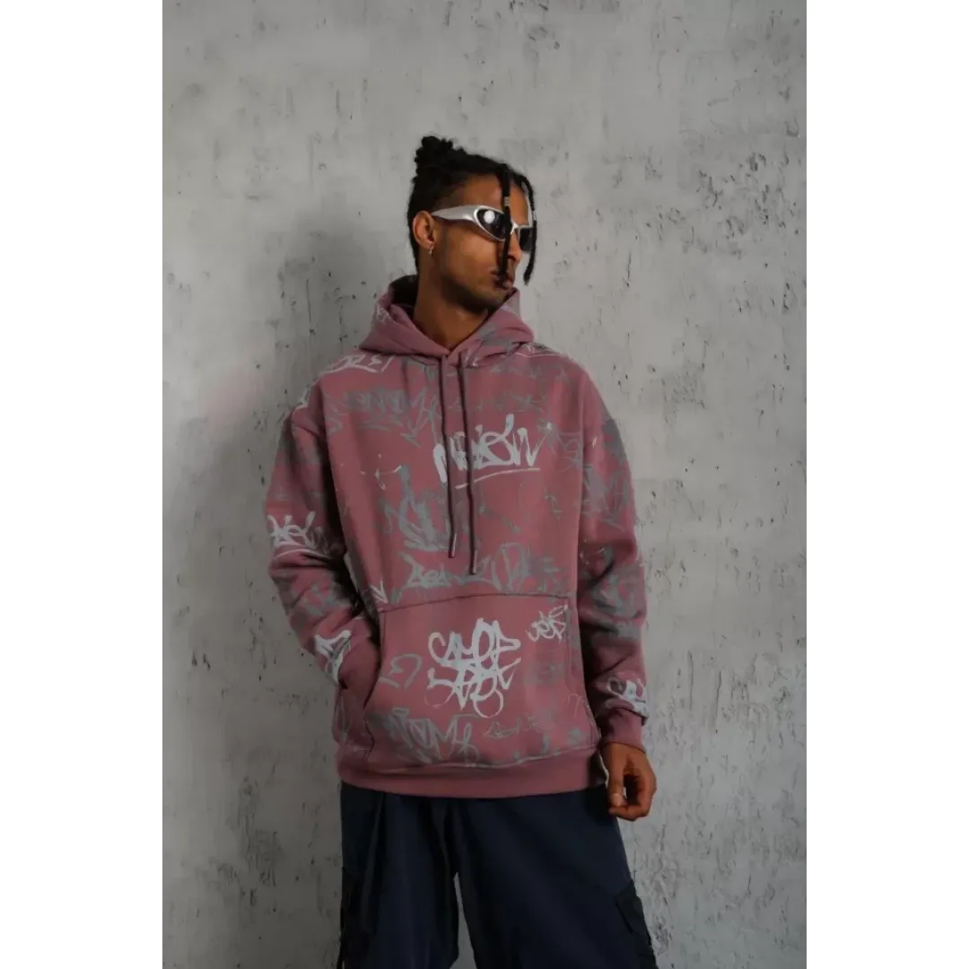 Erkek Baskılı Kapüşonlu Ribanalı Sweat - Gül Kurusu - 92713 Erkek Baskılı Kapüşonlu Ribanalı Sweat - Gül Kurusu - 92713